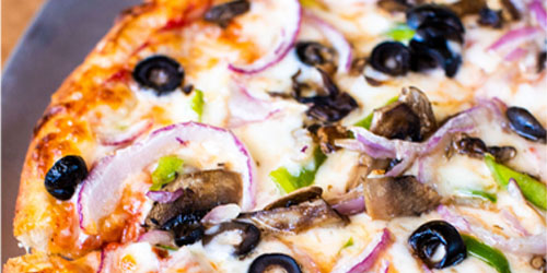 Vegetarian Pizza with Olives, Onion, and Mushrooms